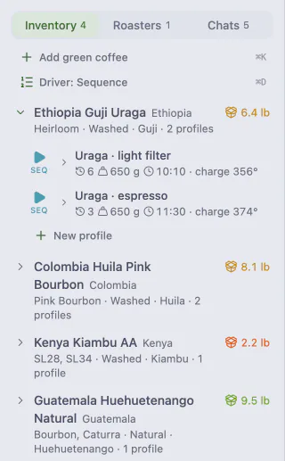 The inventory: the Ethiopia Guji Uraga, 6.4 lb on hand, with two profiles, Uraga light filter and Uraga espresso, each with a run button.